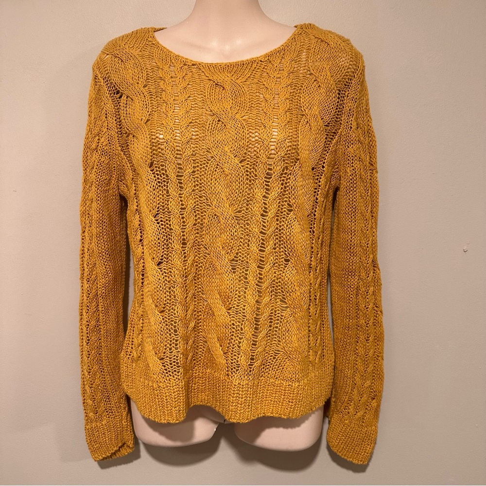 EUC! GARNET HILL Linen & Cotton Cabled Pullover Sweater Gold Mustard Size Small